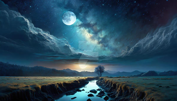 Night sky landscape, open countryside, moonlight d