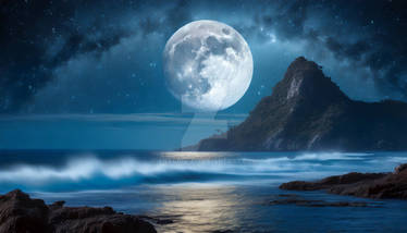 Night sky moonlight ocean landscape. AI art genera