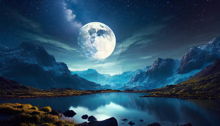 Night sky nature landscape with a huge full moon. 