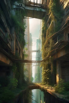 Solarpunk ruins post-apocalyptic world towering vi