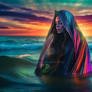 Iridescent lady emmerges from the sea. AI generate