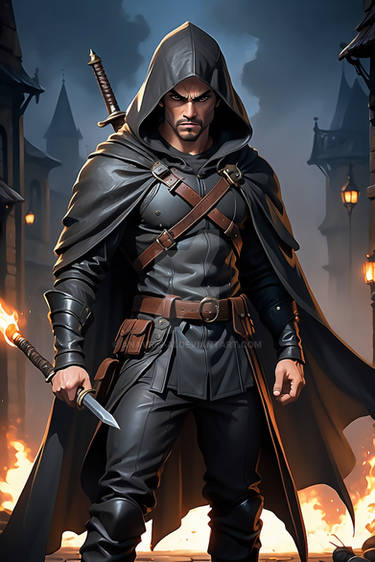 Medieval Gothic Leather cape assassin. AI generate