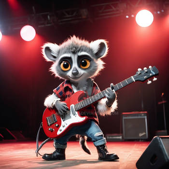 A cool antropomorphic lemur playing a red guitar. 