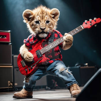 A cool antropomorphic lion playing a red guitar. A