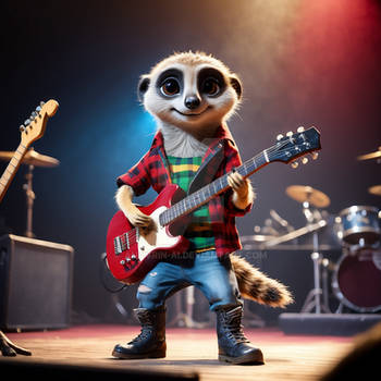 A cool antropomorphic meerkat playing a red guitar