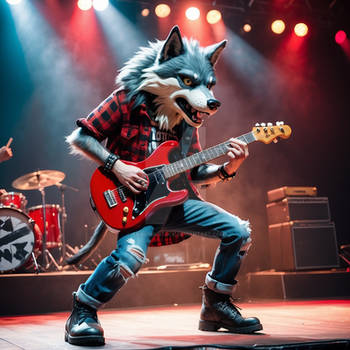 A cool antropomorphic wolf playing a red guitar. A