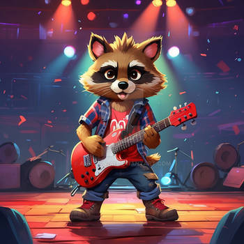 A cool antropomorphic racoon playing a red guitar.