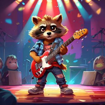 A cool antropomorphic racoon playing a red guitar.