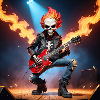 A cool skeleton playing a red guitar. AI generated