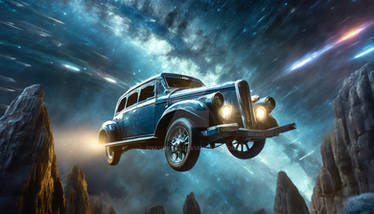 Surreal galactic vintage car flying in the space. 