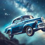 Surreal galactic vintage car flying in the space. 