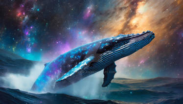 Surreal amazing galaxy. A humpback whale flying in