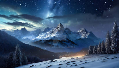 Winter night landscape. Snow mountains. Starry Sky