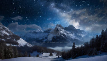 Winter night landscape. Snow mountains. Starry Sky