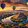 Dusk landscape. Hot air balloon flying in the sky.