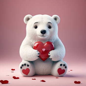 Valentine's day. A cute polar bear holding a red h