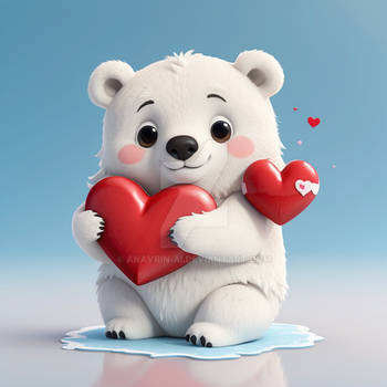 Valentine's day. A cute polar bear holding a red h