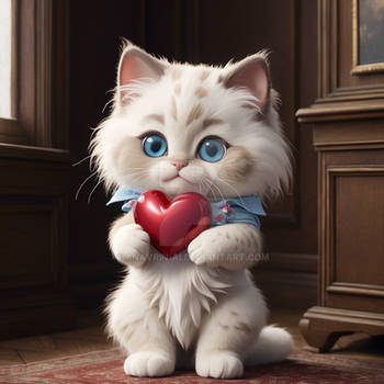 Valentines day. A cute kitten holding a heart. AI 