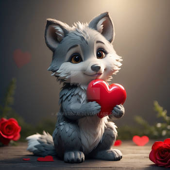 Valentines day. A cute wolf cub holding a heart. A