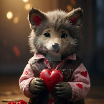 Valentines day. A cute wolf cub holding a heart. A