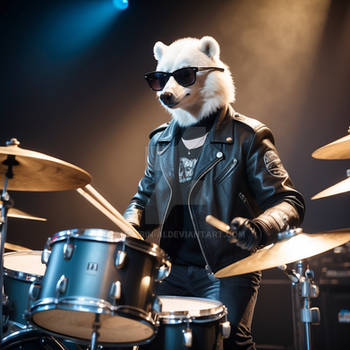 A cool anthropomorphic polar bear playing drums. A