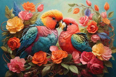 Valentines day. A couple of colorful birds paiting
