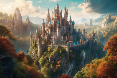 A fairytale castle on top of a rocky mountain. AI 