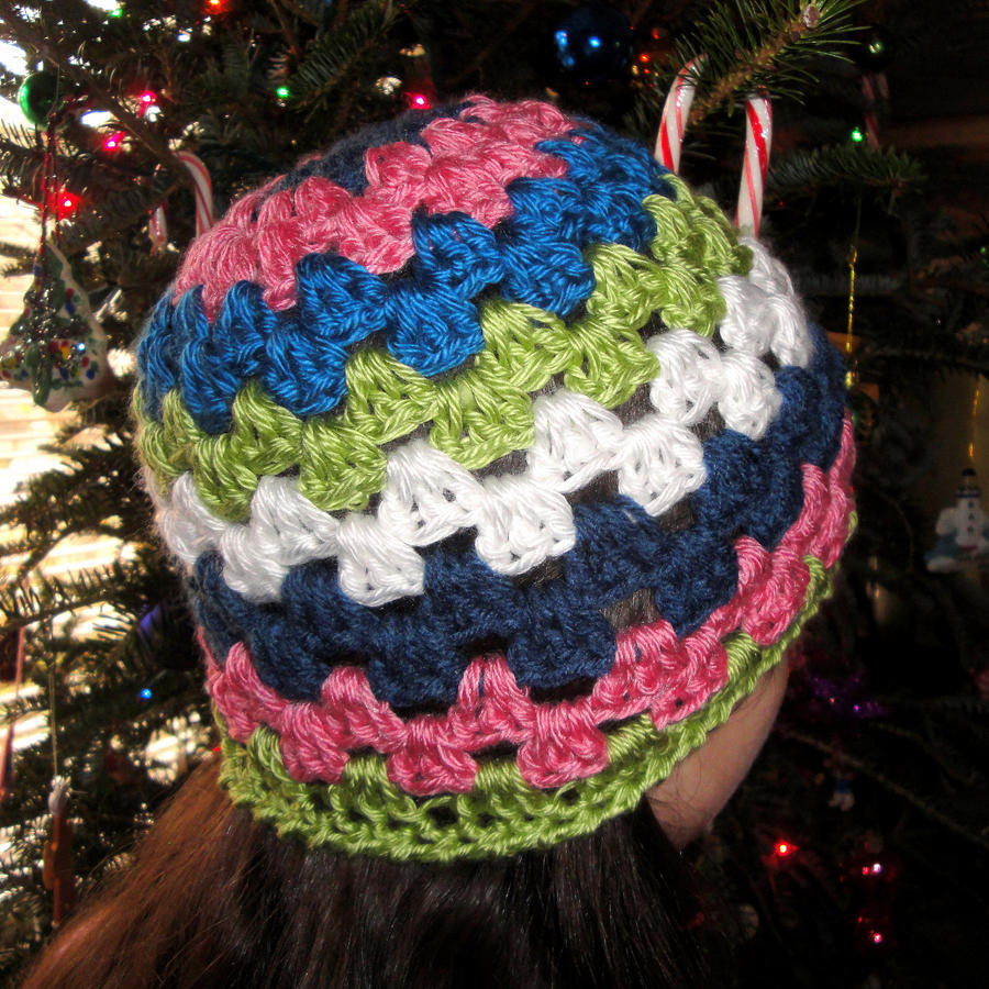 Multi-coloured crocheted hat