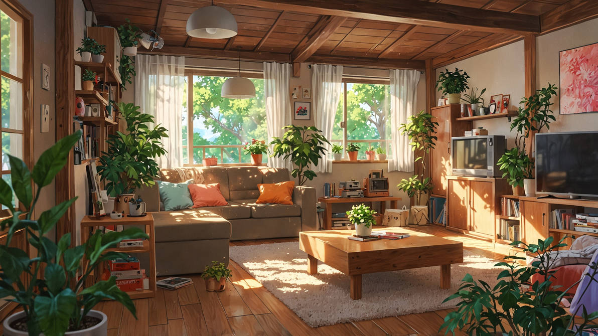 Cozy anime living room wallpaper by AnimoraArt on DeviantArt