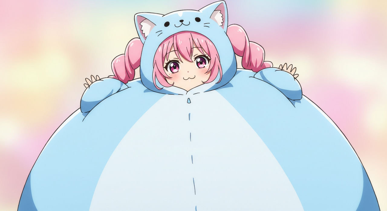 Anime girl wearing an inflated cat costume by kingdab28 on DeviantArt