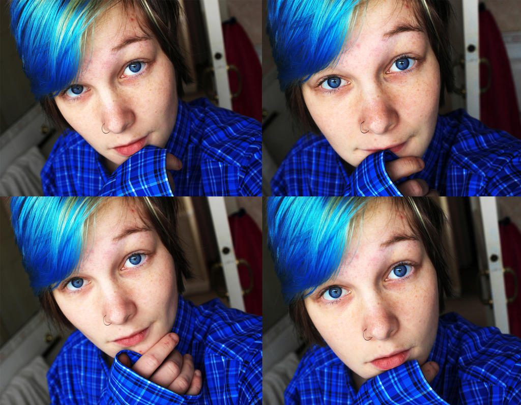 Blue shirt, blue hair, blue eyes.