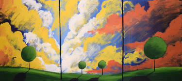 Original landscape vivid painting abstract triptyc