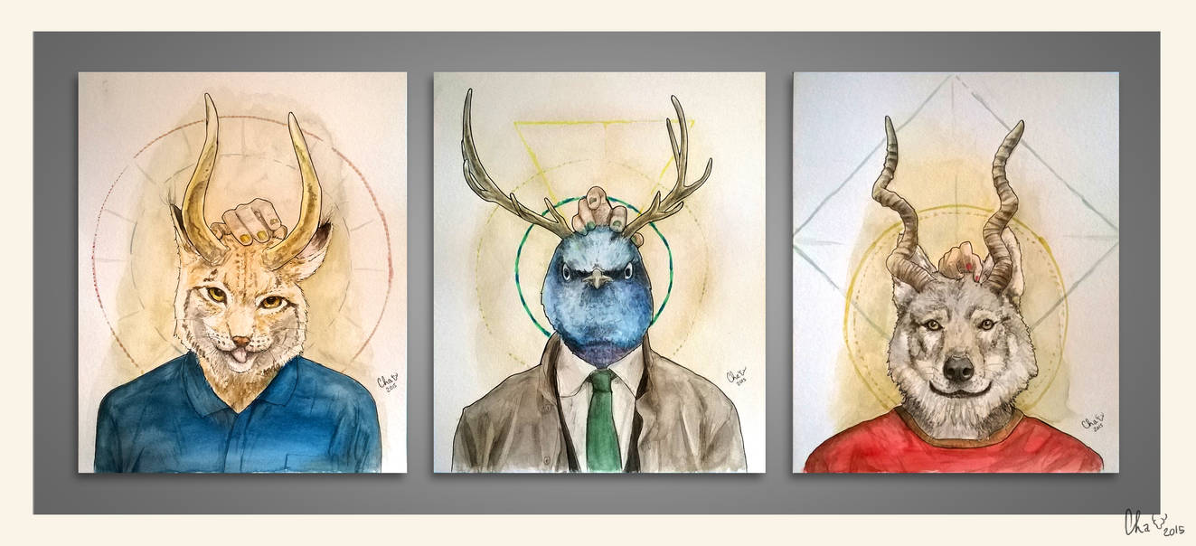 Bestial triptych - watercolors by Red-Cha