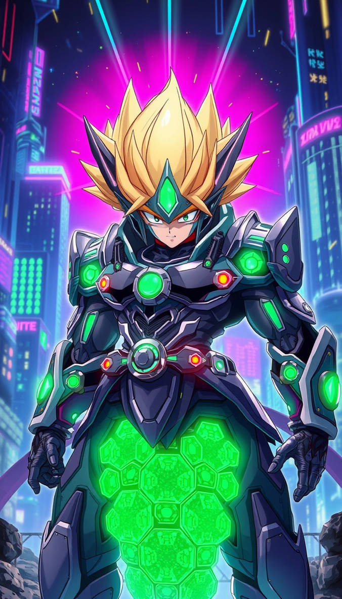 Male anime warrior mid-evolution, cyberpunk armor