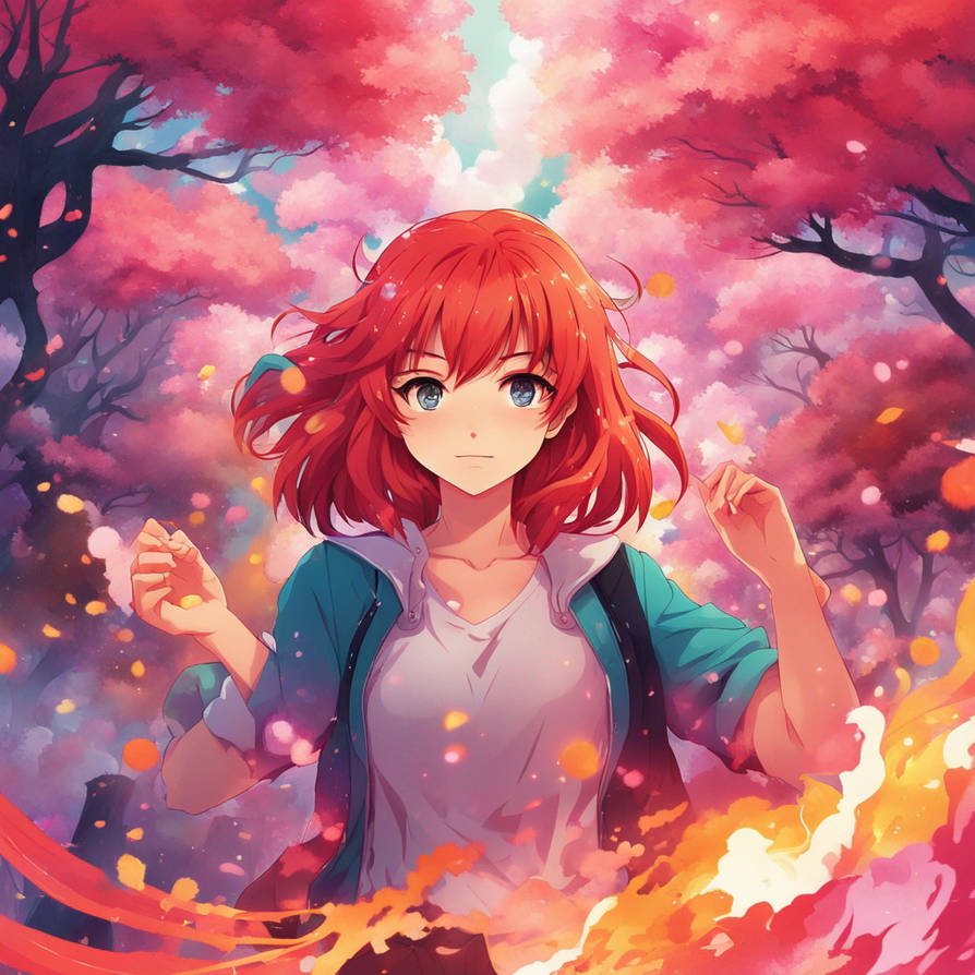 Red haired cute anime girl surrounded in a world b by Skyarid on DeviantArt