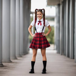 School girl with braces red plaid skirt with pigta