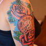 old school rose and old watch girl color tattoo