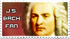 A stamp depicting a portrait of Johann Sebastian Bach. The text reads: J S Bach fan