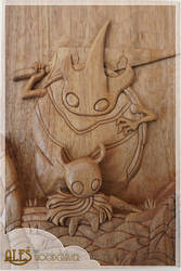 Hollow Knight relief carving in butternut wood