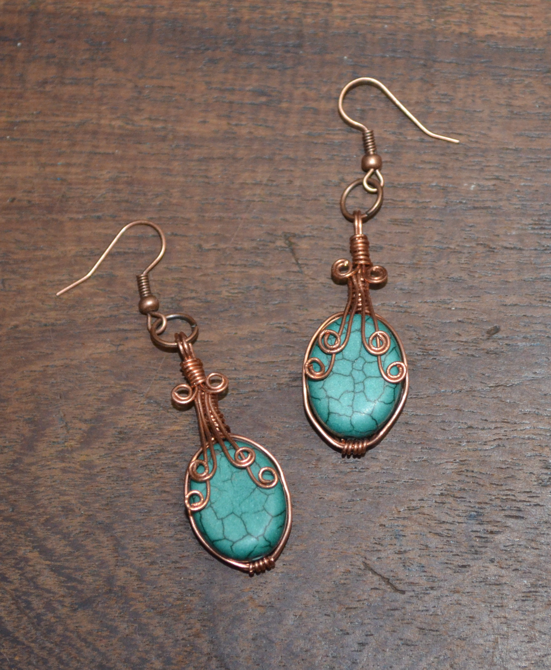 Wire wrapped copper and green earrings