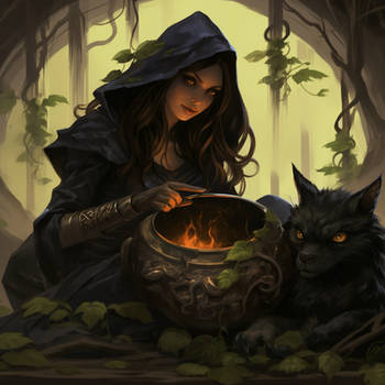 Tanyac40 A Witch And Her Familiar Around A Cauldro