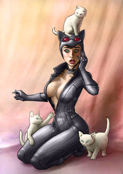 Catwoman pinup - ooops! kitten attack -colored-