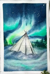 Under the northern lights, watercolor painting