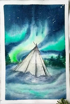 Under the northern lights, watercolor painting