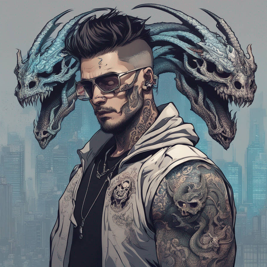 Male cyberpunk Hacker in a skull shirt with dragon by Final47 on DeviantArt