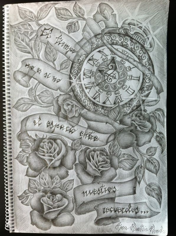 Tiempo en reloj con rosas para tatuaje