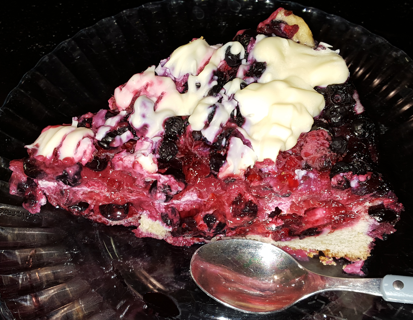 Raspberry-blueberry-custarded quark pie slice