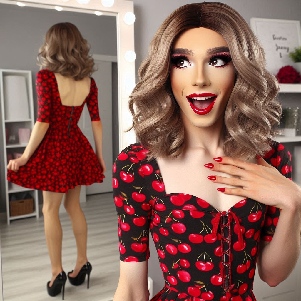 Flirty crossdresser in a fun cherry dress by FeminineFantasy7 on DeviantArt