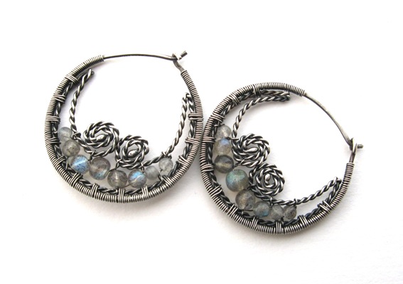 silver labradorite hoops