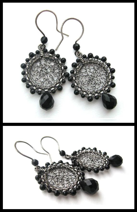 onyx silver round earrings